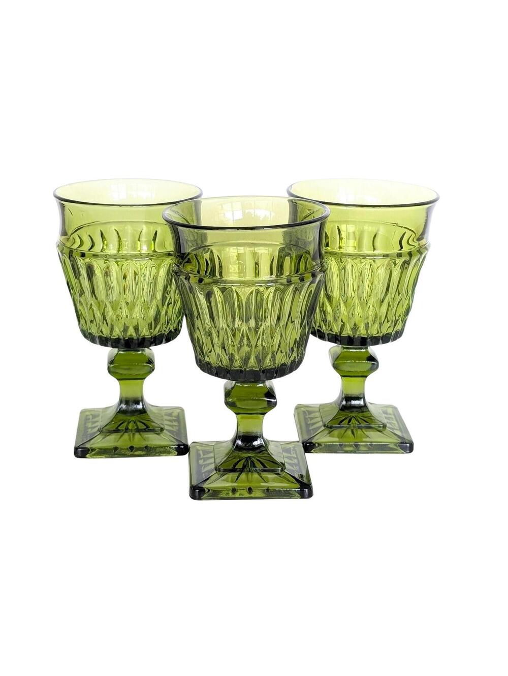 Vintage Indiana Glass Mt Vernon Avocado Green Water Goblets - Set of 3